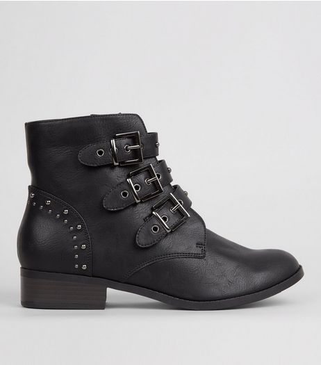 Black Stud Strap Buckle Strap Boots | New Look
