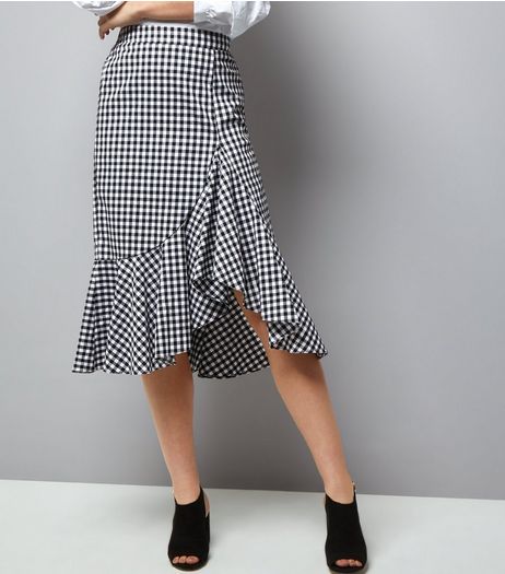 Black Gingham Check Frill Trim Midi Skirt | New Look