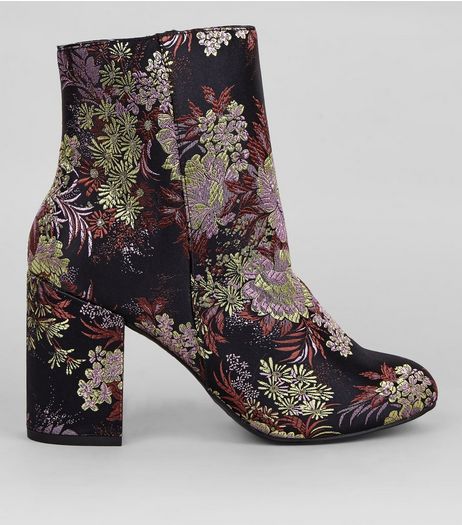 Black Floral Brocade Heeled Boots | New Look