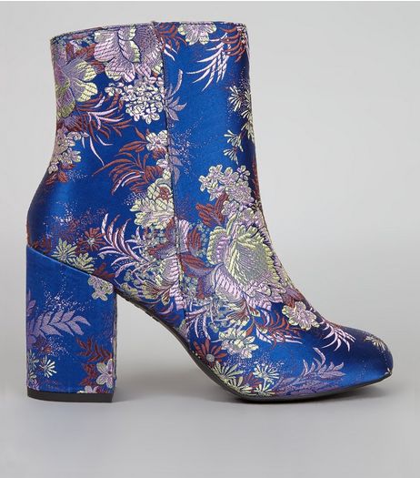 Blue Floral Brocade Heeled Boots | New Look