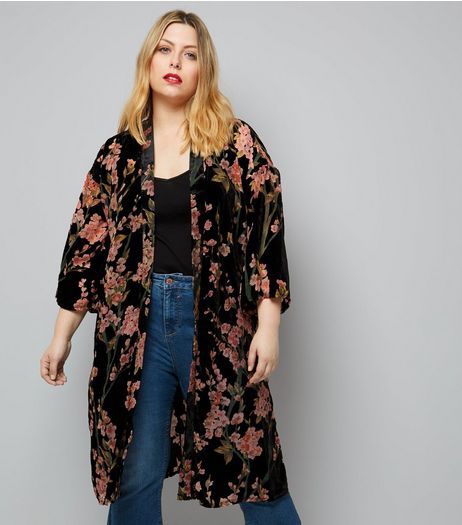 Curves Black Floral Devore Velvet Kimono | New Look