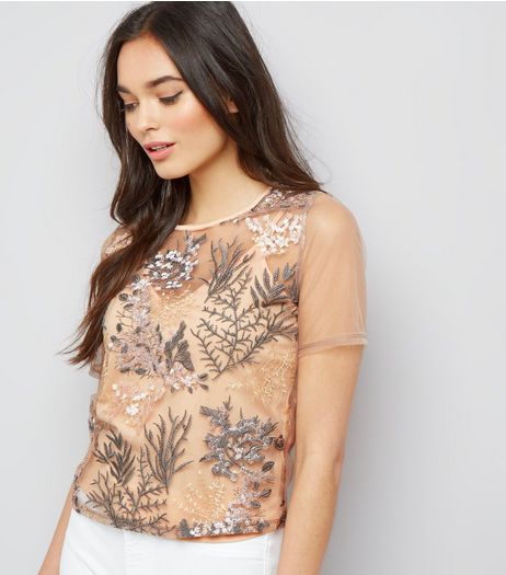 Pink Floral Embroidered Mesh Short Sleeve T-Shirt | New Look
