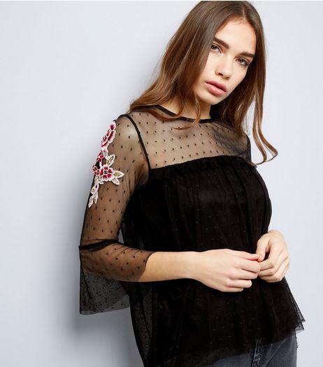 Black Spot Mesh Floral Badge Bell Sleeve Top | New Look