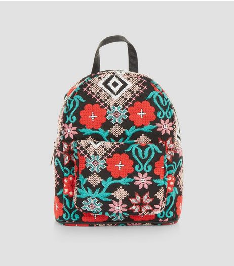 Black Floral Embroidered Mini Backpack | New Look