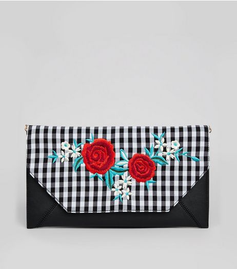 Black Gingham Floral Embroidered Clutch | New Look