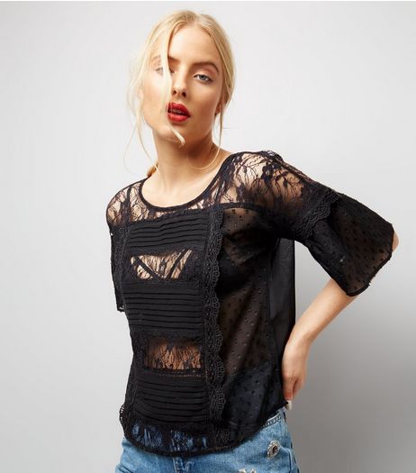 Black Lace Panel Short Sleeve Top | New Look