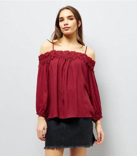 Red Crochet Lace Trim Cold Shoulder Top | New Look