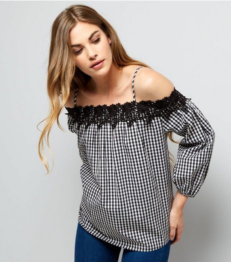 Black Gingham Lace Trim Cold Shoulder Top | New Look