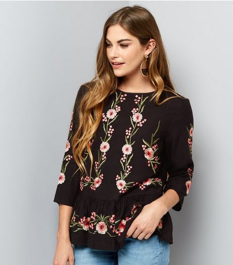 Black Floral Embroidered Top | New Look