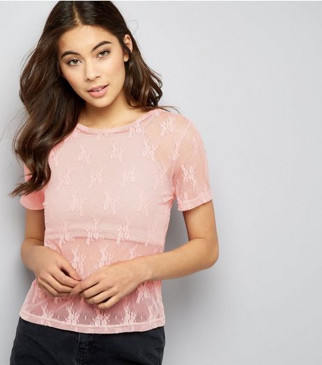 Mid Pink Floral Lace Trim Crop Top | New Look
