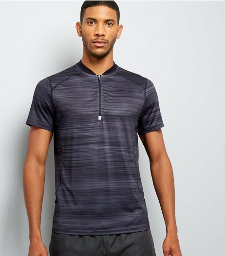 Black Space Dye Zip Front Sports T-Shirt | New Look