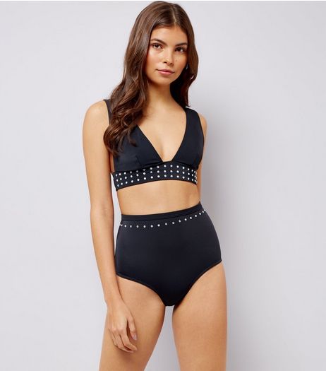 Pool To Party Black Studded High Waist Bikini Bottoms | New Look