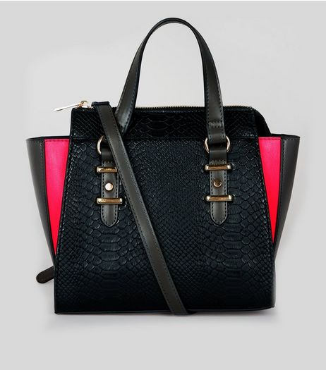 Black Snakeskin Texture Neon Trim Mini Tote Bag | New Look