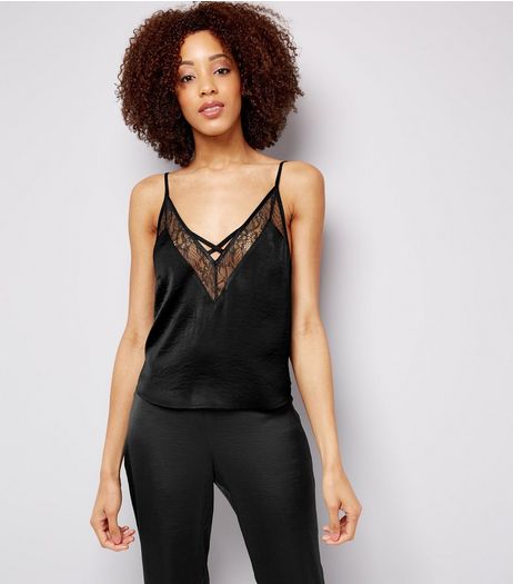 Black Satin Lace Trim Pyjama Cami | New Look