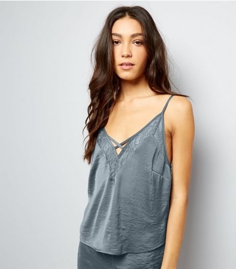 Petrol Blue Satin Lace Trim Pyjama Cami | New Look