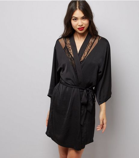 Black Satin Lace Trim Robe | New Look