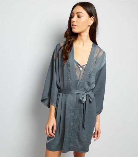 Petrol Blue Satin Lace Trim Robe | New Look