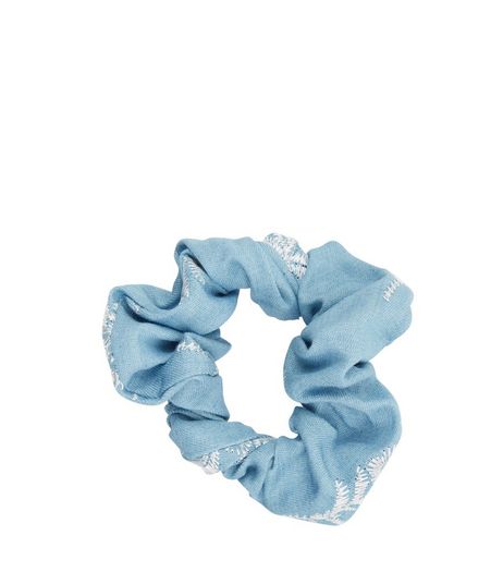 Blue Denim Embroidered Scrunchie | New Look