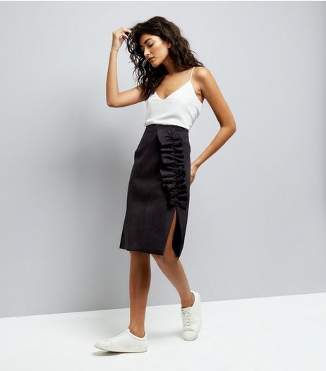 Black Suedette Frill Trim Midi Skirt | New Look