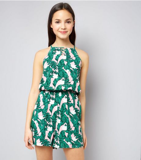 Teens Pink Leaf Print Lattice Front Playsuit | New Look