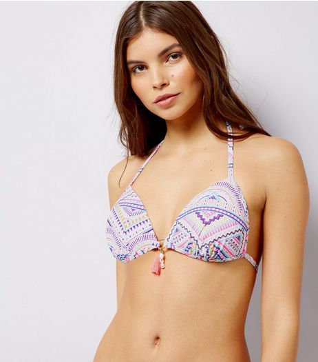 White Aztec Print Tassel Front Moulded Bikini Top | New Look