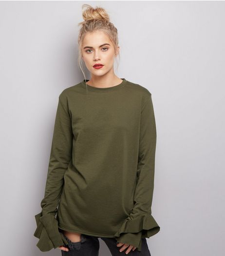 Olive Green Frill Trim Long Sleeve Top | New Look