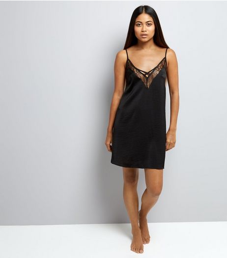 Petite Black Satin Lace Trim Chemise | New Look