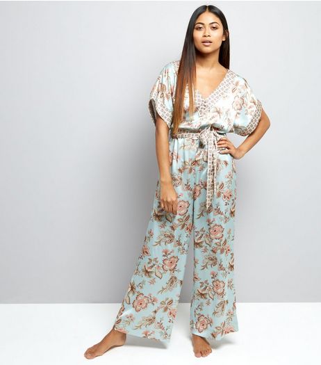 Petite Mint Green Contrast Floral Satin Lounge Jumpsuit | New Look