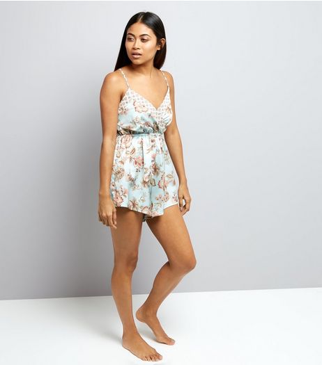 Petite Mint Green Contrast Floral Satin Lounge Playsuit | New Look