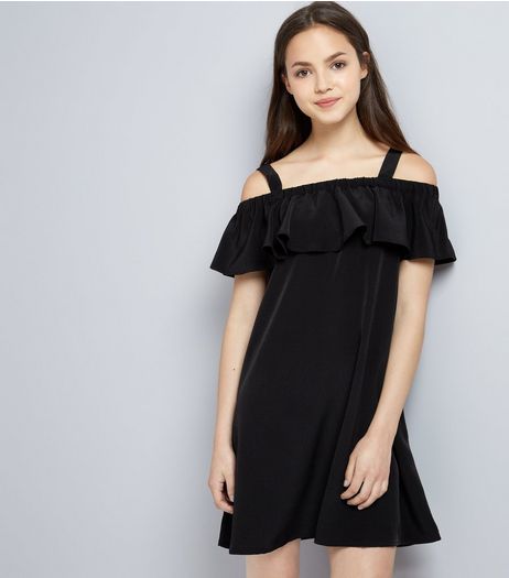 Teens Black Frill Trim Bardot Neck Dress | New Look