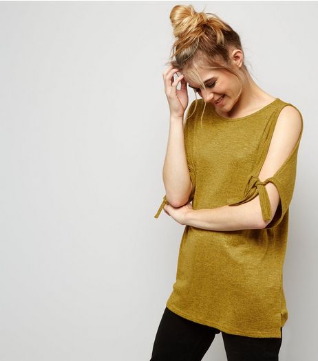 Yellow Cold Shoulder Tie Sleeve Top | New Look