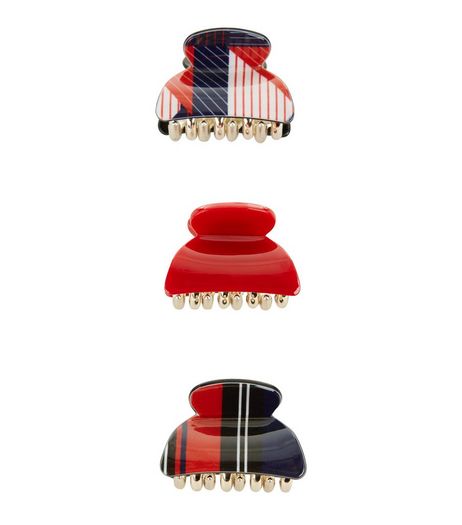 3 Pack Red and Navy Geo Print Mini Bulldog Clips | New Look