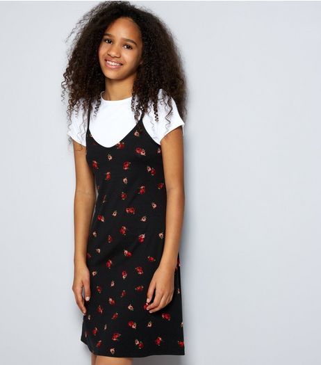Teens Black 2 In 1 Rose Print Slip Dress | New Look