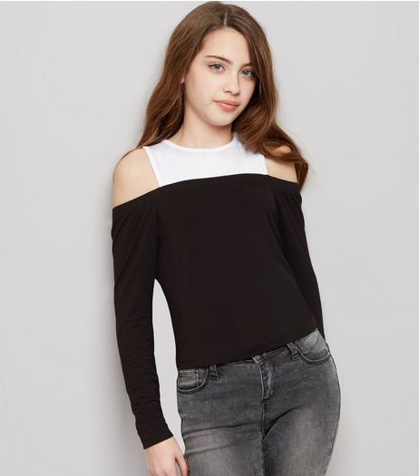 Black 2 in 1 Cold Shoulder Colour Block Top | New Look