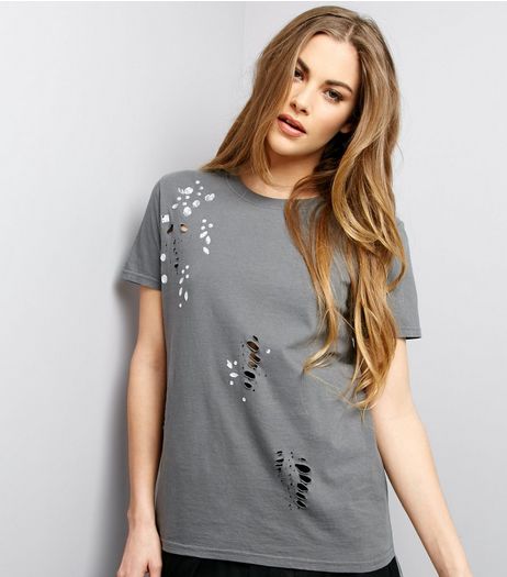 Dark Grey Ripped Short Sleeve T-Shirt | New Look
