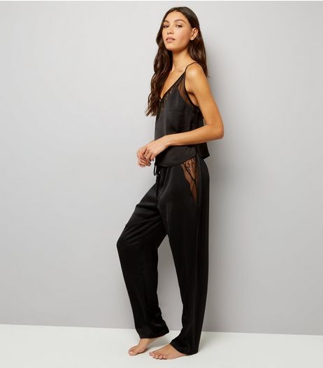 Tall Black Satin Lace Trim Pyjama Bottoms | New Look