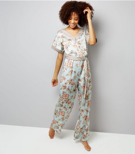 Tall Mint Green Contrast Floral Satin Lounge Jumpsuit | New Look