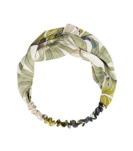 Green Palm Leaf Print Twist Front Headband | New Look