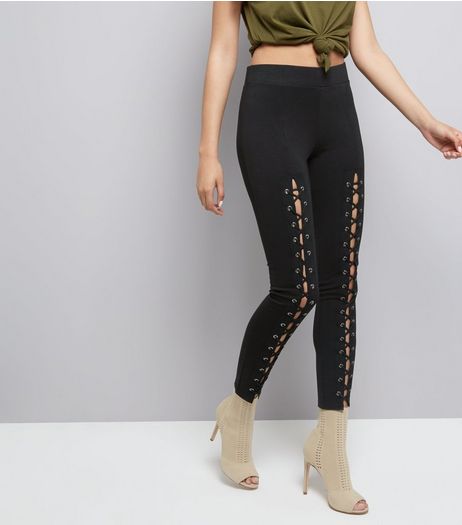 Black Lace Up Front Leggings | New Look