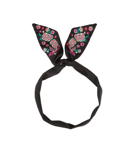 Black Sateen Floral Embroidered Necktie | New Look