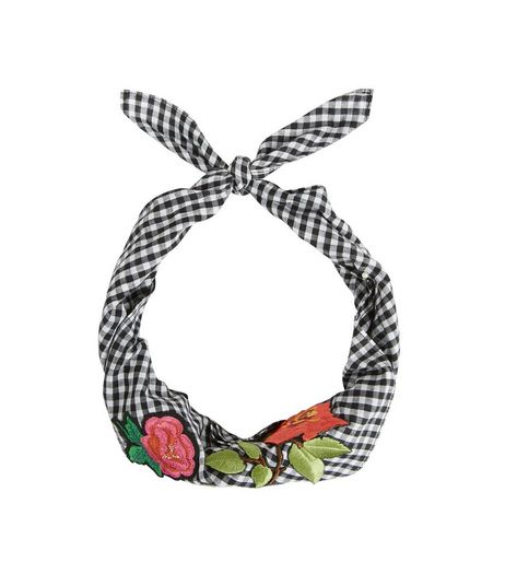 Black Gingham Floral Badge Bandana | New Look