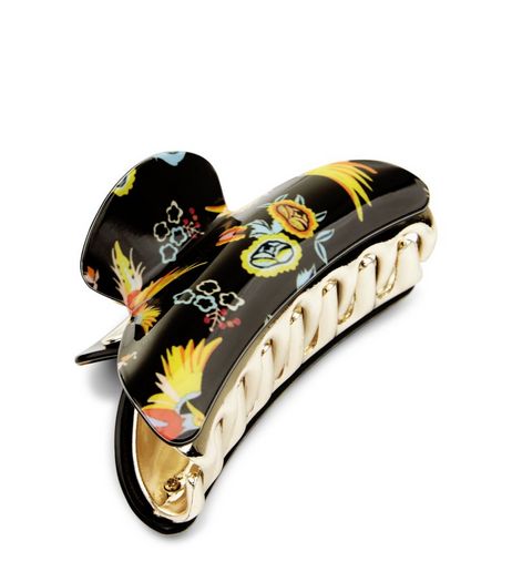 Black Floral Print Bulldog Clip | New Look