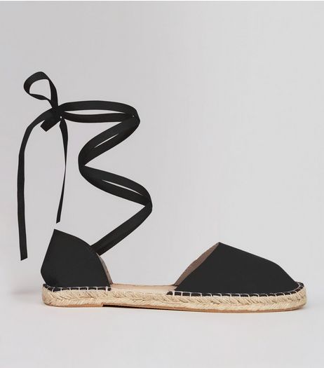 Wide Fit Black Ankle Tie Espadrille Sandals | New Look