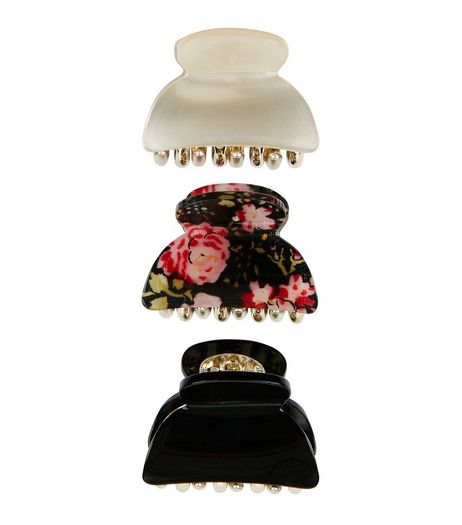 3 Pack Black and White Floral Print Bulldog Clips | New Look