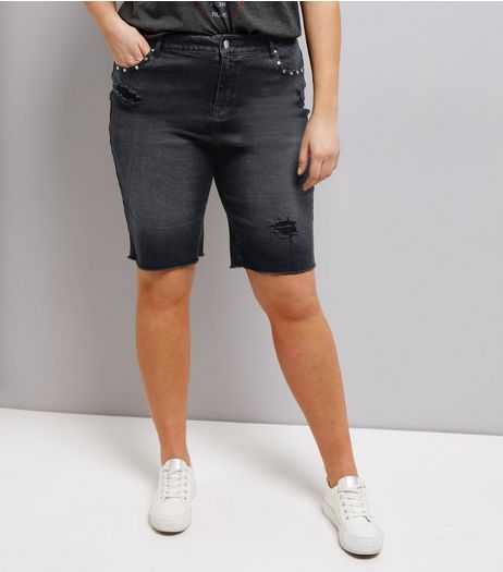 Curves Black Studded Denim Shorts | New Look