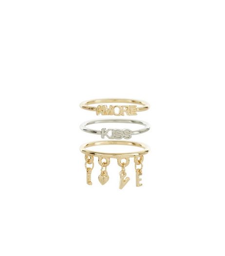 3 Pack Silver and Gold Amore Kiss Love Stack Rings | New Look