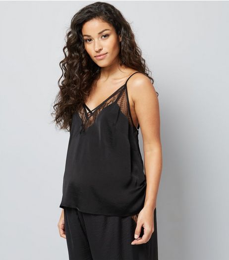 Maternity Black Satin Lace Trim Pyjama Cami | New Look