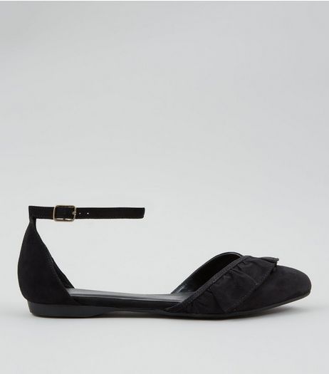 Wide Fit Black Suedette Frill Trim Ankle Strap Flats | New Look