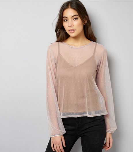 Mink Mesh Long sleeve 2 in 1 Cami Top | New Look