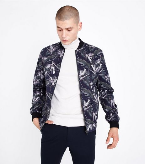 Navy Palm Print Tailored Bomber Jacket | New Look